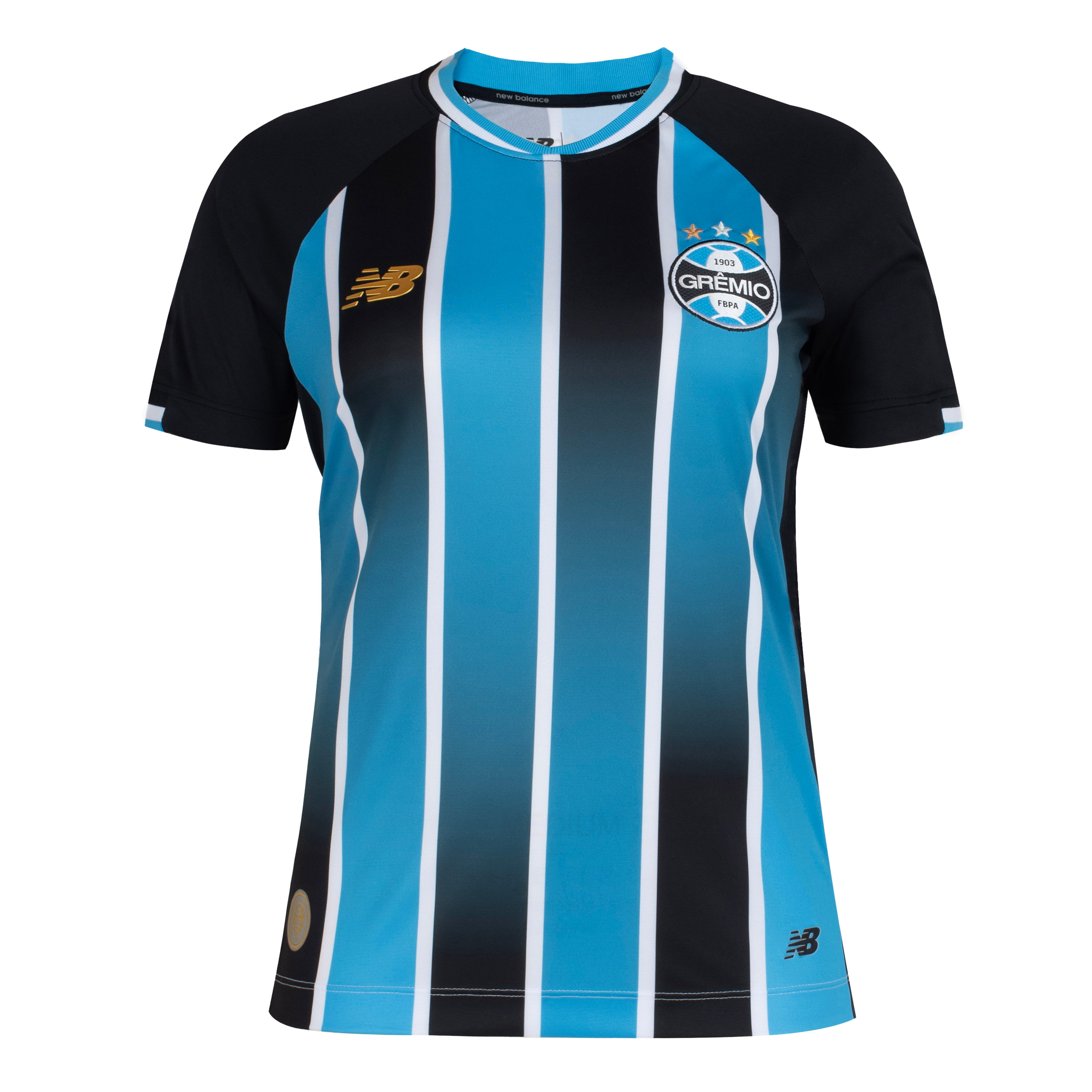 Camisa feminina Grêmio 2026 New Balance em preto com listras verticais e logo do clube no peito